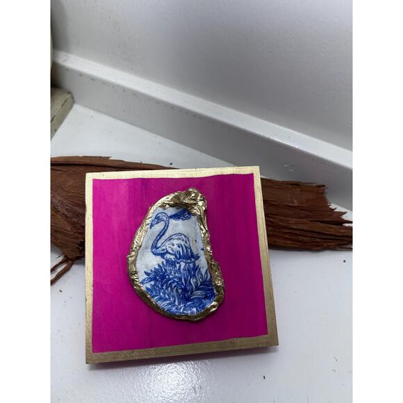 Original HandPainted Oyster Art 5x5 Wooden Block Pink Flamingo Gold Art Beach - Picture 6 of 6